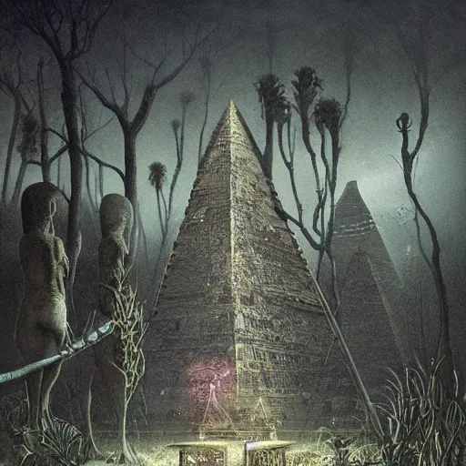 Prompt: a hyperrealistic painting of an overgrown derelict egyptian pyramid in the middle of an alien jungle, bioluminescent plants, by john kenn mortensen and zdzislaw beksinski, highly detailed, vivid color,