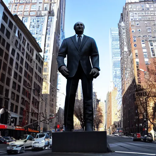 Image similar to a sculpture of putin standing in the middle of a street in new york city,