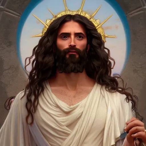 Image similar to a ridiculously good looking jesus that looks like a jewish gigachad, long curly hair, elegant ancient greek dress, very detailed, coast as the background, beautiful, intricate, cinematic, artstation, william bouguereau, alphonse mucha, greg rutkowski, rossdraws, octane render