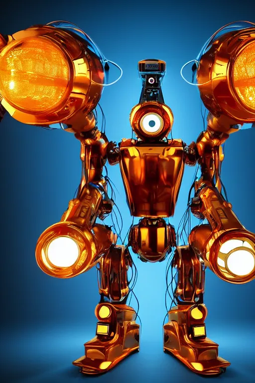 Prompt: portrait photo of a giant huge golden and blue metal humanoid steampunk robot singer with headphones and big gears and tubes, a red glowing microphone on a tripod, eyes are glowing red lightbulbs, shiny crisp finish, 3 d render, 8 k, insaneley detailed, fluorescent colors, background is multicolored lasershow