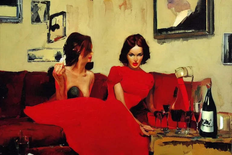 Image similar to a woman in a red dress sits on a sofa and drinks champagne in a dark living room, painted by phil hale and rick berry and dean cornwell and norman rockwell and jeremy mann