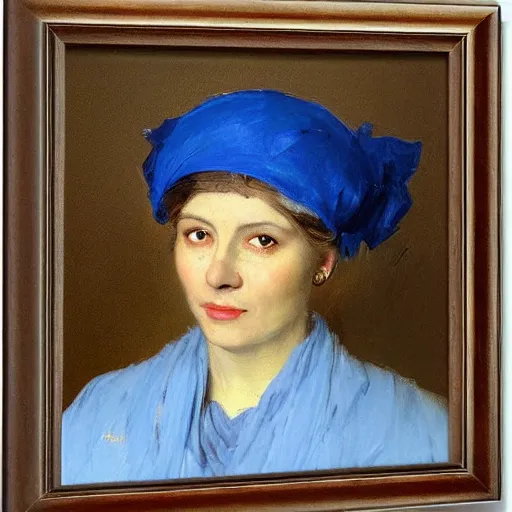 Prompt: Portrait of a stern looking affluent woman, photorealistic, general facial details, wearing a blue bonnet, by Ilya Repin