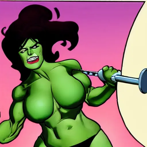 Prompt: she hulk bending a large metal rod