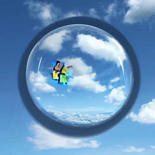 Image similar to A photograph of the Windows XP Bliss wallpaper inside of a giant floating soap bubble, floating in a blue and cloudy sky.