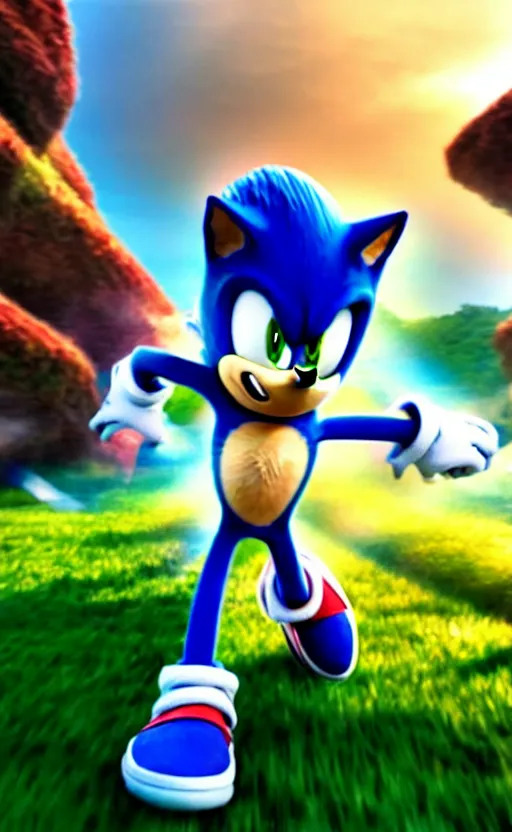 Prompt: super super super epic cinematic shot of sonic the hedgehog, sonic unleashed, apotos day zone, 8k miyazaki anime scene, motion blur, red shoes, green eyes, ++++++ super super super dynamic action running, concept photos, dynamic lighting, dynamic shaders, sunny day, amazing quality