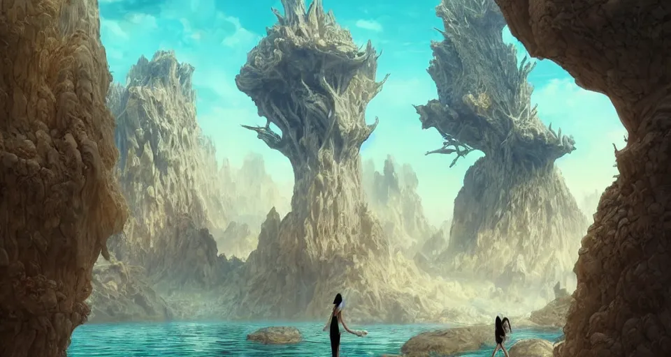 Image similar to a beautiful desert oasis!!!! with crystal clear water with an astronomically large humanoid!!!! monster!!!! in the sky, by junji ito and peter mohrbacher, extremely detailed shading, concept art, digital painting, trending on artstation, unreal engine 5, octane render, atmosphere, glow, cinematic lighting, full of color
