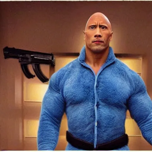 Image similar to dwayne the rock johnson, in blue onesie pajamas, holding an ak - 4 7.