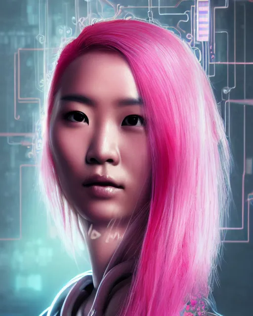 Image similar to portrait of a beautiful asian woman with pink hair as a cyberpunk cyborg half robot, revealing wires and electronics, sci - fi, missing panels, intricate abstract upper body intricate artwork, concept art, octane render, deviantart, cinematic, key art, hyperrealism, iridescent accents, portrait photograph, nikon 3 5 mm, photograph by greg rutkowski