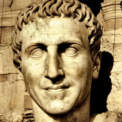 Prompt: Recovered photo of julius caesar taken in front of the roman forum. He has a cheesy grin. Sepia. Small tears on edge and creased.