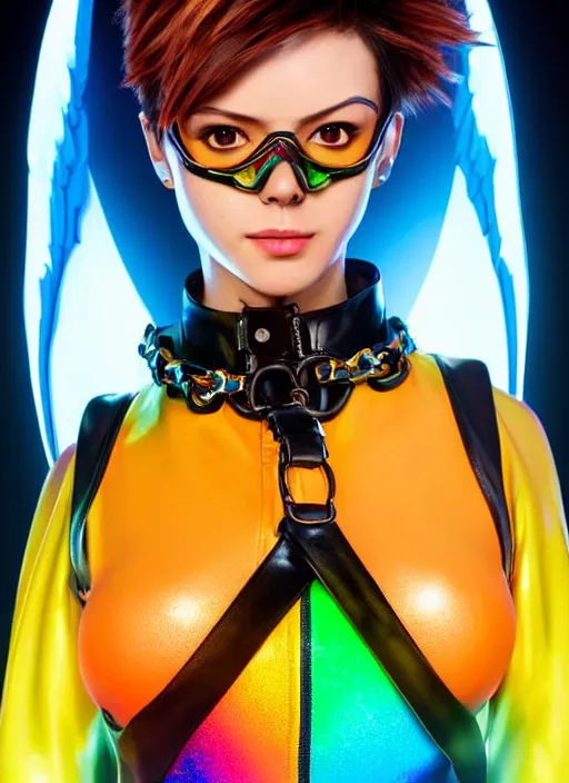 Image similar to portrait bust digital artwork of tracer overwatch, wearing iridescent rainbow latex and leather straps catsuit outfit, neon makeup, in style of mark arian, angel wings, wearing detailed leather collar, chains, black leather harness, detailed face and eyes,