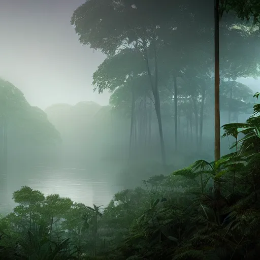 Image similar to A jungle forest in a panoramic view, 8k, cinematic perspective, hazy, Detailed, atmospheric, foggy, rivers, artstation