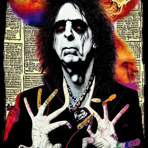 Image similar to graphic illustration, creative design, alice cooper, biopunk, francis bacon, highly detailed, hunter s thompson, mixed media