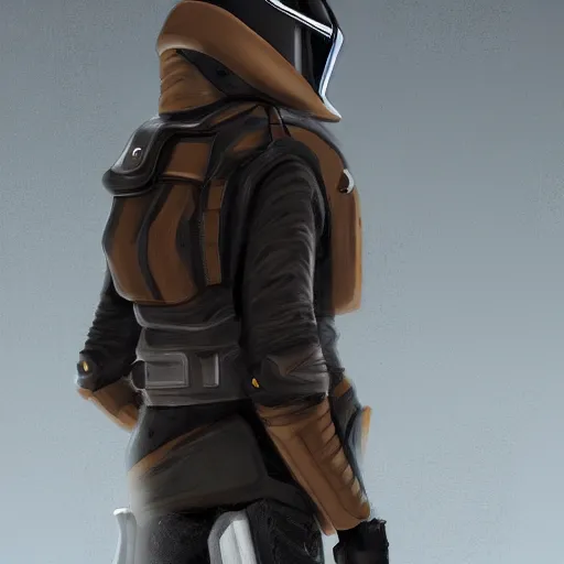 Prompt: futuristic rebel wearing black helmet, brown cloak, technical vest, and a backpack, photorealistic, digital art