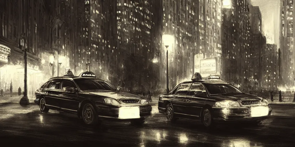 Image similar to taxi through the streets of chicago, night time, dramatic lighting, german expresionism, noir film, character sheet, fine details, concept design, high contrast, anthrophomorfic animals, kim jung gi, greg rutkowski, trending on artstation, 8 k, full body, turnaround, front view, back view, ultra wide angle