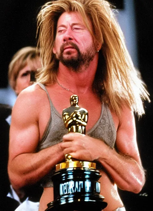 Image similar to a hyper realistic ultra realistic photograph of Joe Dirt winning an oscar, highly detailed, 8k photograph, real
