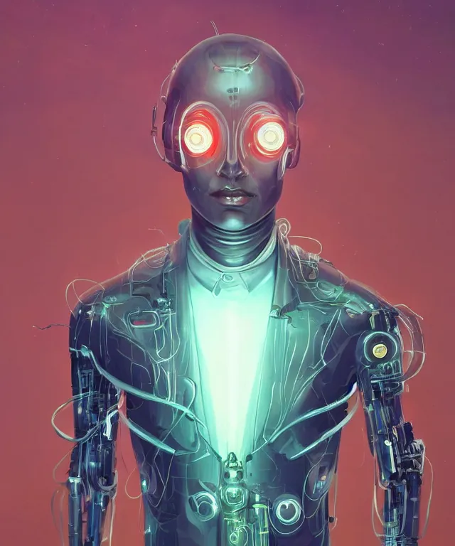 Prompt: a male android portrait wearing a suit and tie, surrealism, scifi, intricate, elegant, sharp eyebrows, highly detailed cybernetic body, neon glowing eyes, digital painting, artstation, concept art, smooth, sharp focus, illustration, art by artgerm and moebius and peter mohrbacher