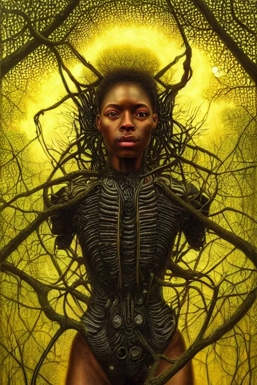 Prompt: hyperrealistic raphaelite super expressive! black woman with detailed exoskeleton armor, merging with tree in a forest, digital painting masterpiece brad kunkle hannah yata dramatic pearlescent yellow light high angle hd 8k sharp focus