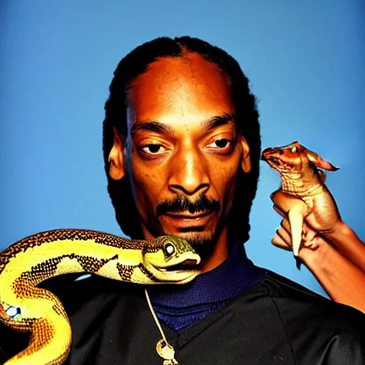 Image similar to Snoop Dogg holding a snake for a 1990s sitcom tv show, Studio Photograph, portrait, C 12.0