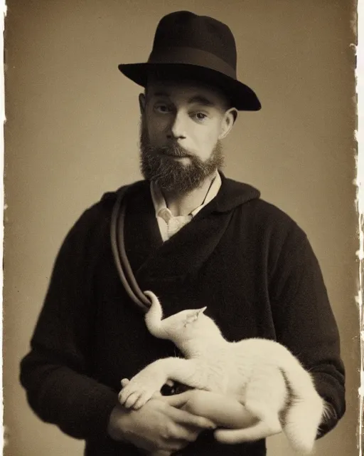 Prompt: gentlemen wearing a hat and wearing a baby sling on the back with a kitten in the sling, studio portrait, golden ratio, backlit