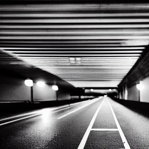 Prompt: analog photograph of a highway underpass at night, a single van is parked, greyscale, film grain, rainfall, bokeh, depth of field