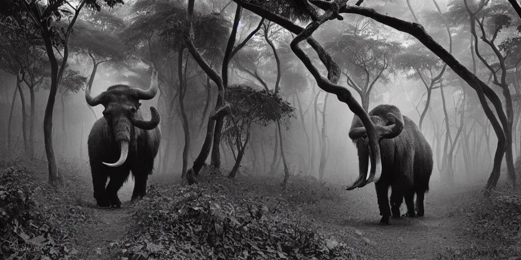 Image similar to a Sebastião Salgado's photograph of a mammoth walking in a dense tropical forest, 4k, award wining