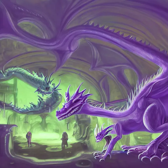 Image similar to inside a cavernous living stomach, the walls purple and pulsing, lots of acid pooling up on the floor, digesting and dissolving a small dragon, food pov, micro pov, vore, digital art, furry art, anthro art, high quality, 8k 3D realistic, macro art, micro art, Furaffinity, Deviantart, Eka's Portal, G6