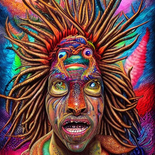 Image similar to a high detailed hyper detailed painting of a spiritual monster with dreadlocks and several eyes, pointy teeth and colorful skin with scales and strange textures, surreal psychedelic cosmic horror