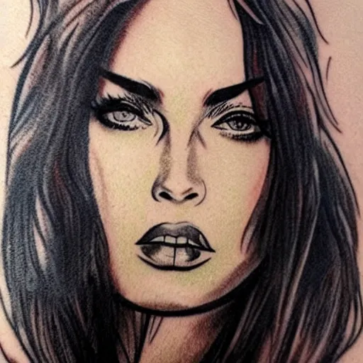 Image similar to tattoo sketch of megan fox's face shape created in amazing mountain scenery, in the style of dan mountford