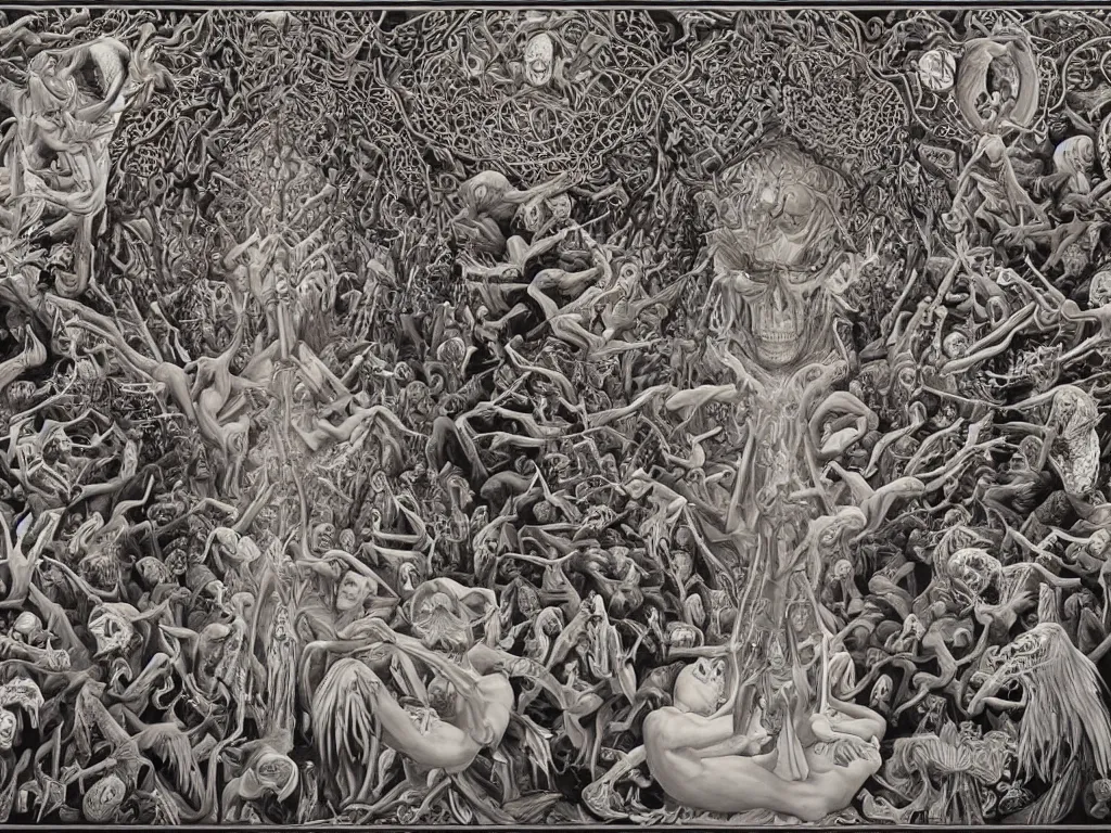 Image similar to meditation on death by Alex Grey and M. C. Escher collaboration