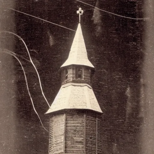 Image similar to grainy 1800s photo of a russian orthodox tower with a mechanical device on it harvesting electricity from the air