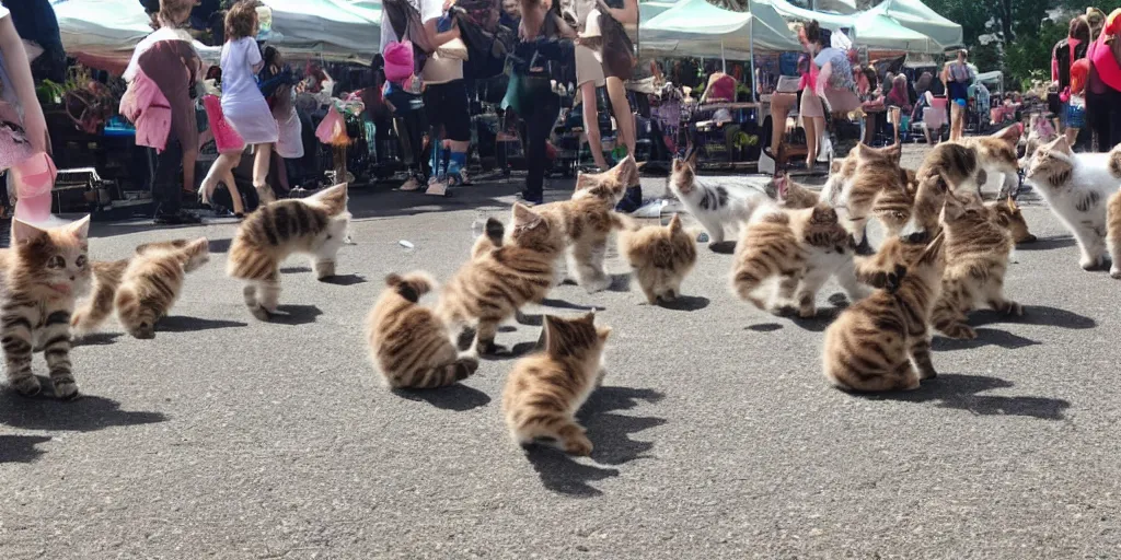 Image similar to clear photo, wide and clear, a stampede of cute kittens attacks everyone at the local sunday morning farmers market, kittens active everywhere, kittens jumping and running, people screaming in terror, funny and odd