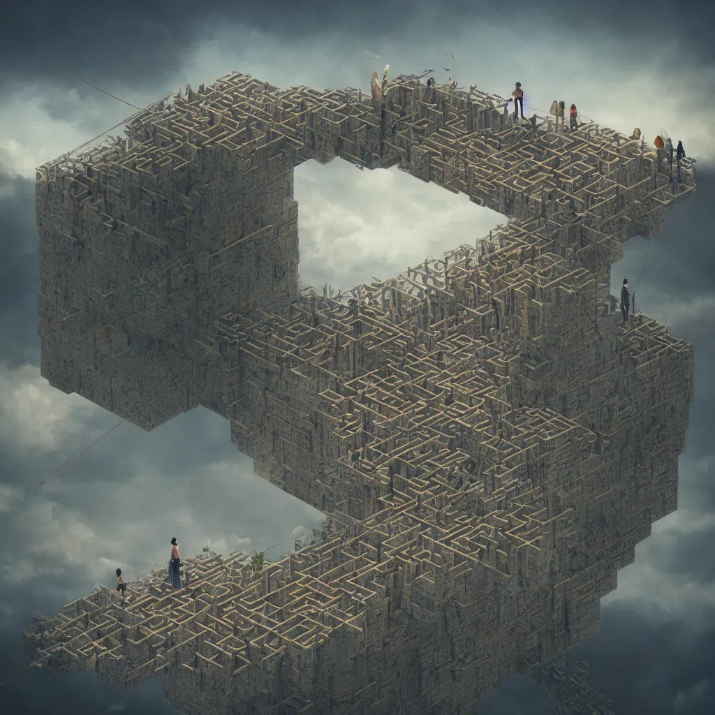 Image similar to wimmelbilder maze made of bridges in the sky, collage with photographs of beautiful android women weaving between the lines, isometric, clouds, octane render, very sharp, beksinski, quint buchholz, charlie bowater, pranckevicius