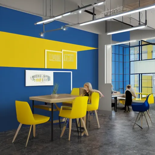 Image similar to interior design of a co - working space, yellow and blue color scheme, photorealist, 8 k