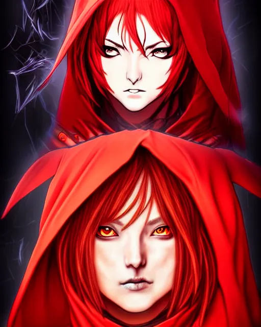 Image similar to portrait Anime sorceress with red hair; cloak with hood; she is summoning fire all around her; pretty face, realistic shaded Perfect face, fine details. Anime. realistic shaded lighting by Kim Jung Gi