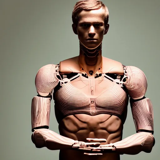 Image similar to a realistic detailed photo of a guy who is an attractive humanoid who is half robot and half humanoid, who is a male android, soccer player martin ødegaard, shiny skin, posing like a statue, blank stare, by the pool, on display, showing off his muscles, humanoid robot, transparent sculpture