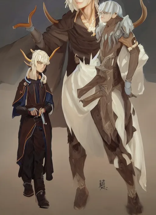 Prompt: concept art painting of an androgynous assassin with brown skin and short white hair, demon horns, deer ears, blue tunic and robes, detailed, d & d style, cel shaded, in the style of ruan jia and artgerm and makoto shinkai and james gurney