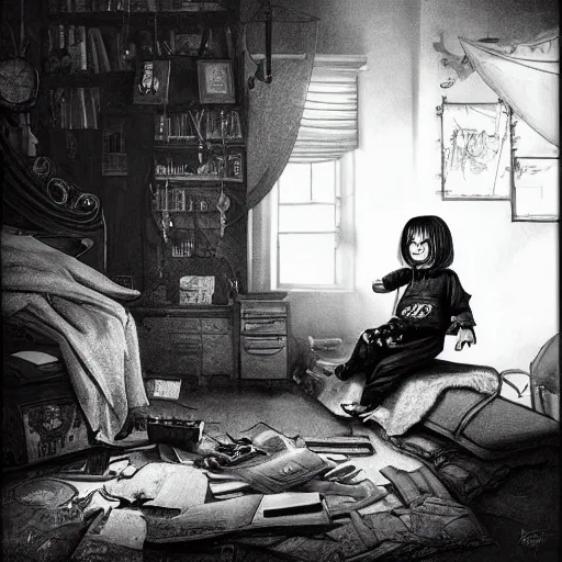 Image similar to a black and white photo, a child sits in a cluttered bedroom, in front of a computer, as their imagination spills onto the screen ond out the other side into a wave of color and magic, detailed intricate ink illustration, dark atmosphere, detailed illustration, hd, 4k, digital art, overdetailed art, concept art, by greg rutkowski, by loish, complementing colors, Trending on artstation, deviantart