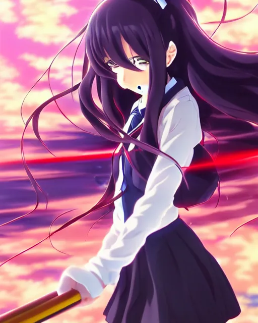 Prompt: anime style, vivid, expressive, full body, 4 k, painting, a cute magical girl with a long wavy black hair wearing a school uniform, defending from asteroid, stunning, realistic light and shadow effects, centered, simple background, studio ghibly makoto shinkai yuji yamaguchi