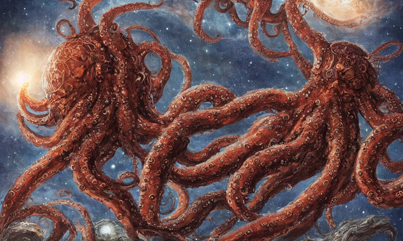 Image similar to a giant octopus holding planets on each of its tentacles, concept art, cosmic horror, digital painting, oil painting, trending on artstation, 8k, dramatic composition, intricate details, sharp focus