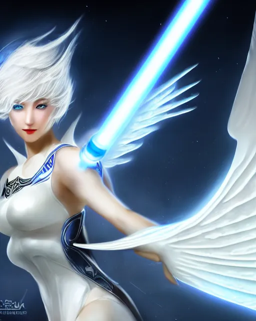 Image similar to perfect white haired attractive egyptian goddess with huge white dove wings holding a light saber, warframe armor, beautiful, symmetric, dreamy, half asian, pretty face, blue eyes, detailed, scifi platform, laboratory, experiment, 4 k, ultra realistic, epic lighting, android body, illuminated, cinematic, masterpiece, art by akihito tsukushi, voidstar