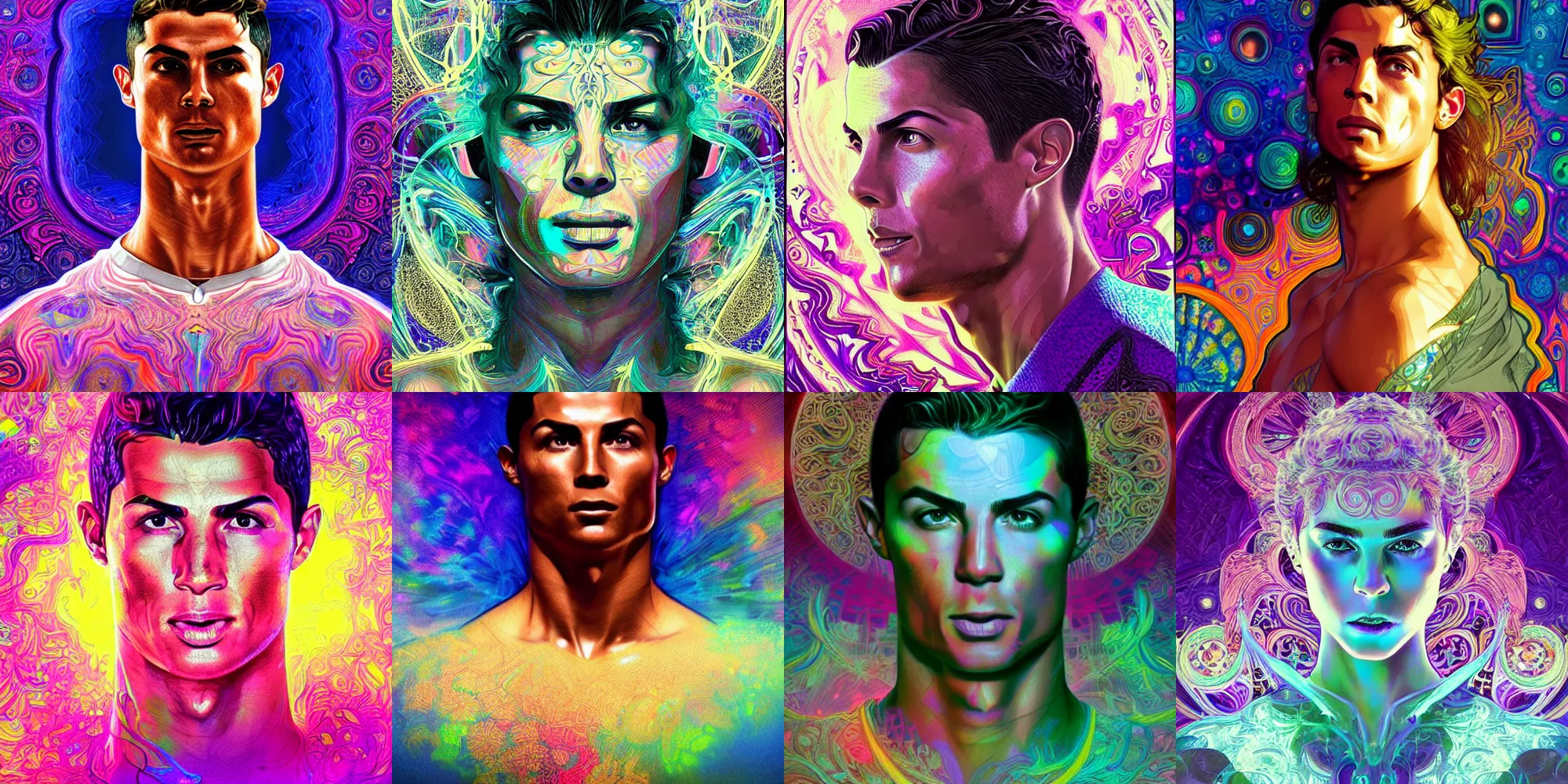 Prompt: Cristiano Ronaldo, psychedelic acid trip, blacklight reactive, sexy, [[fantasy]], intricate, elegant, highly detailed, digital painting, artstation, concept art, matte, sharp focus, illustration, art by Artgerm and Greg Rutkowski and Alphonse Mucha