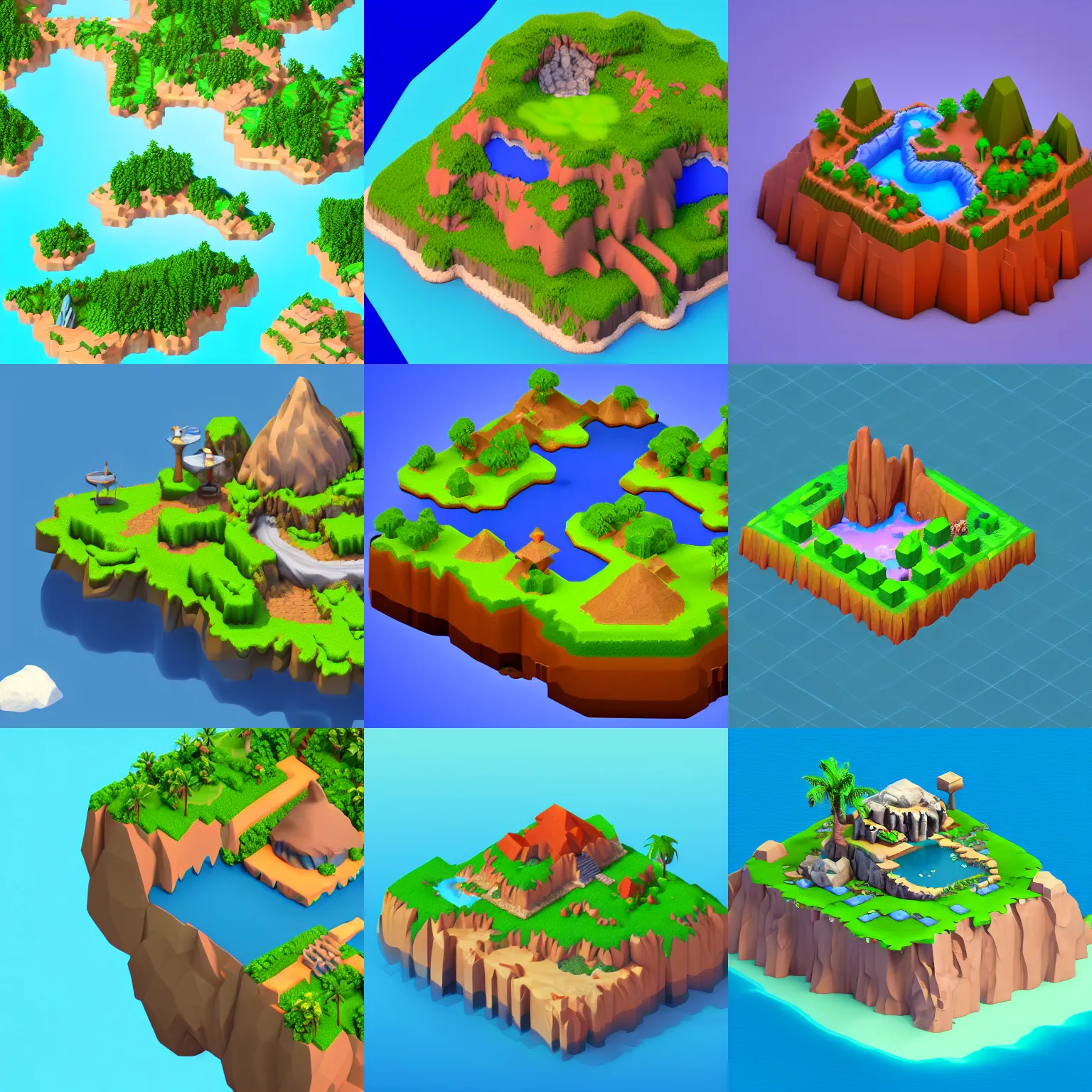 Prompt: isometric 3d Render of island with adventure level, centered, medium poly, blender eevee render