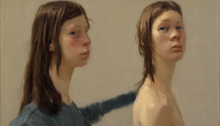 Prompt: painting by borremans, strange situation with a girl, detailed, stunning