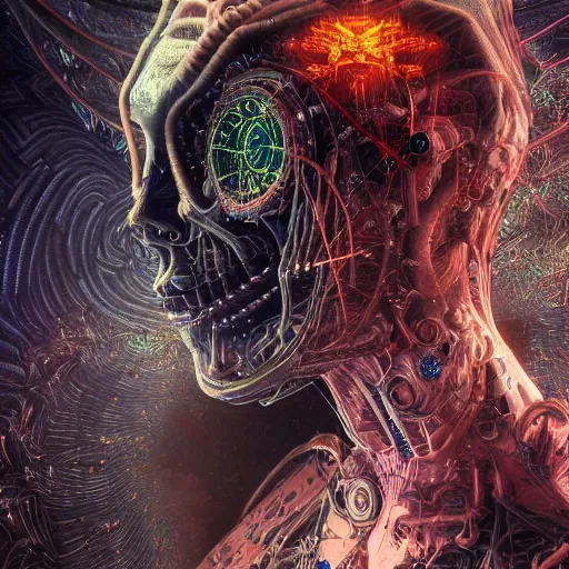 Image similar to cybernetic demon dreaming the destruction of the cosmos with its networked mind, lsd, circuitry, intricate detail, royo, whealan, giger, klimt, hd, octane render, unreal engine,