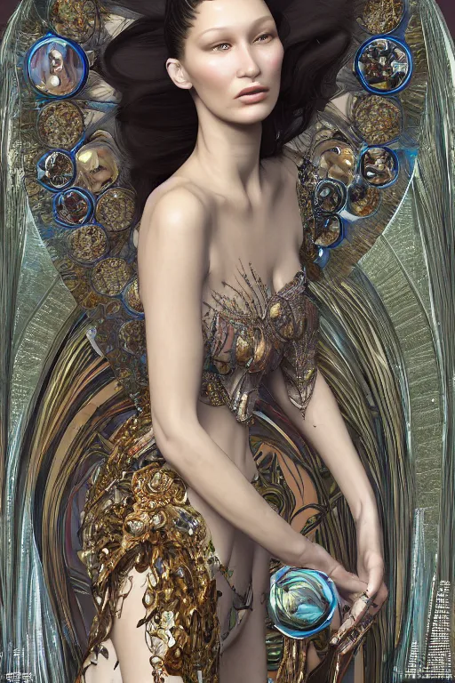 Prompt: a highly detailed painting of a beautiful alien goddess bella hadid in iris van herpen dress schiaparelli in diamonds in style of alphonse mucha art nuvo trending on artstation made in unreal engine 5