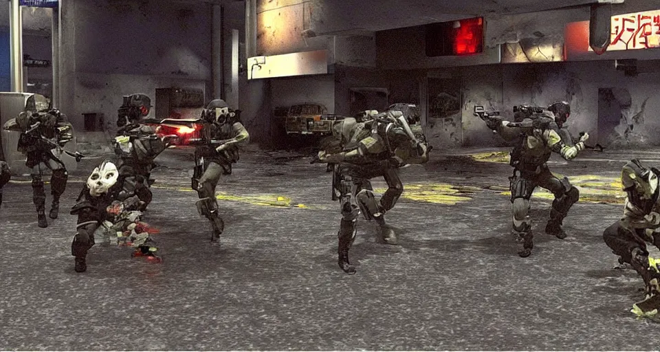 Image similar to 1998 Video Game Screenshot of Neo-tokyo Cyborg bank robbers vs police, Set inside of Parking Garage, Dark, Multiplayer set-piece Ambush, Tactical Squads :10, Police officers under heavy fire, Suppressive fire, Pinned down, Destructible Environments, Gunshots, Headshot, Bullet Holes and Anime Blood Splatter, :10 Gas Grenades, Riot Shields, MP5, AK45, MP7, P90, Chaos, Anime Machine Gun Fire, Gunplay, Shootout, :14 FLCL + Jet Grind Radio, Cel-Shaded:17, Created by Katsuhiro Otomo + Arc System Works: 20