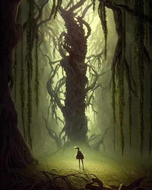 Image similar to highly detailed surreal vfx portrait of a cursed object in a shadowy forest by a willow tree, stephen bliss, unreal engine, greg rutkowski, loish, rhads, beeple, makoto shinkai and lois van baarle, ilya kuvshinov, rossdraws, tom bagshaw, alphonse mucha, global illumination, detailed and intricate environment