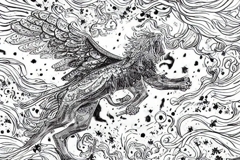 Prompt: angelic majestic winged lioness flying in outer space, stars dotted in background, black and white ink on paper, thick thick thick outlines, 8k high quality detailed manga art, trending on art station and cgsociety, super wide angle, octane, by Eiichiro Oda