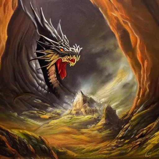 Image similar to beautiful oil painting of a dragon guarding a cave in mountain