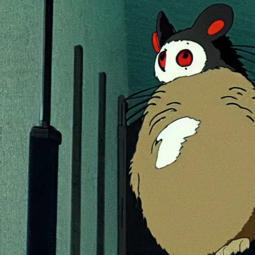 Prompt: still from studio ghibli movie My Neighbor Totoro, Hayao Miyazaki,barn owl in a black suit wearing an office bag going to the office, symetrical face